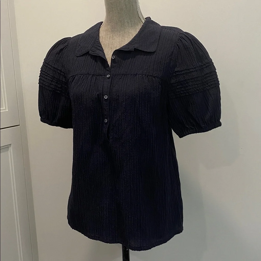 Hudson North Linen Puff Sleeve Blouse Navy Blue Textured Top Size Medium - Picture 5 of 16
